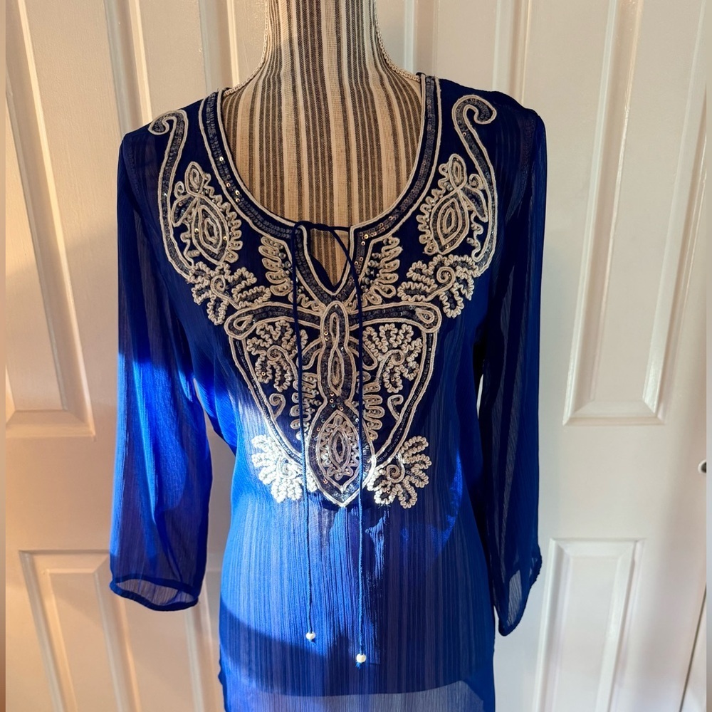 Boston Proper Blue Embellished Long Sleeve Tunic - Picture 2 of 10